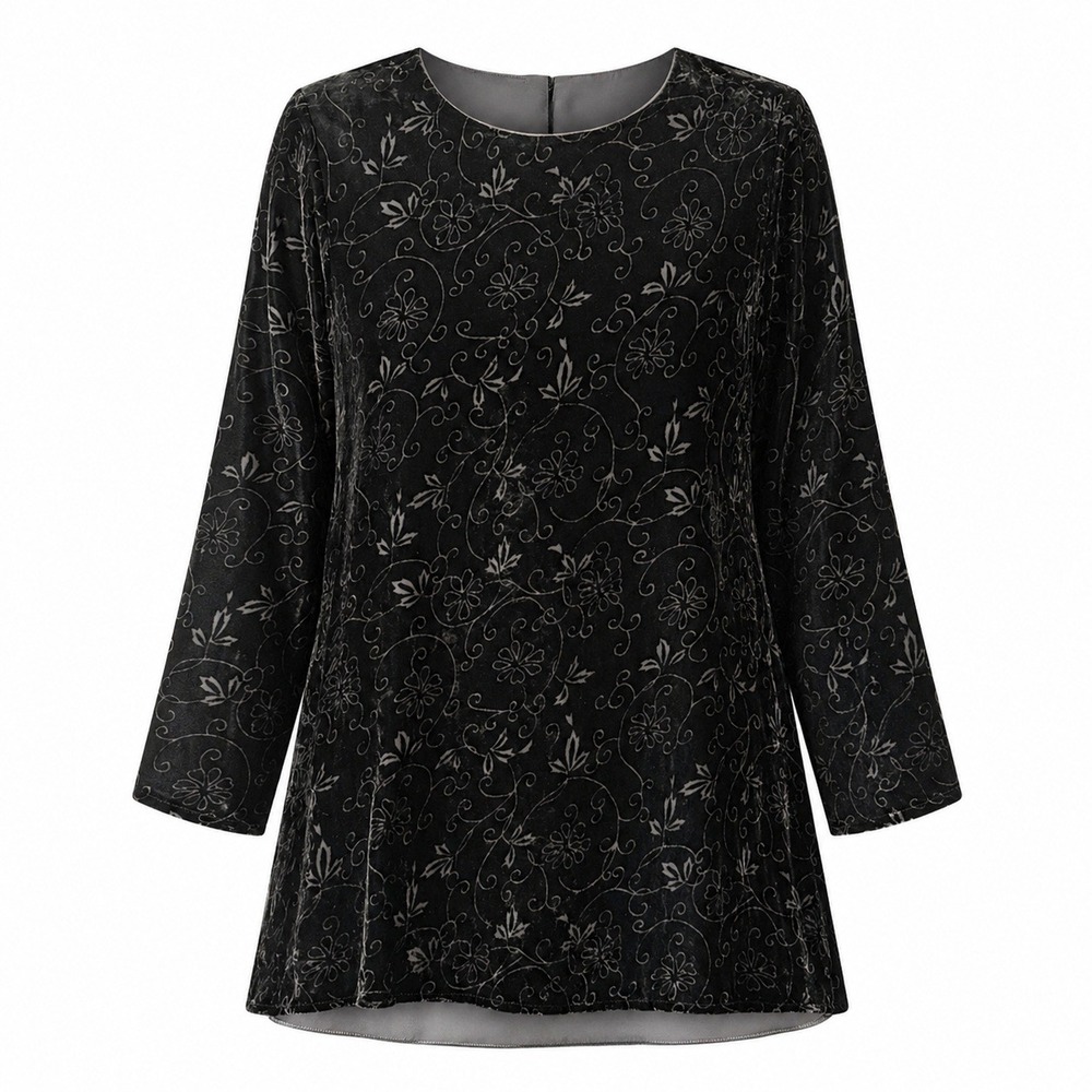 Vintage Kay Unger Petites Black Velvet Floral Burnout Button Back Tunic Size 12‎